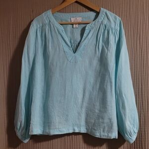 Halston Beautiful Light Aqua Color 100% Linen Blouse with 3/4 Sleeves Size Large